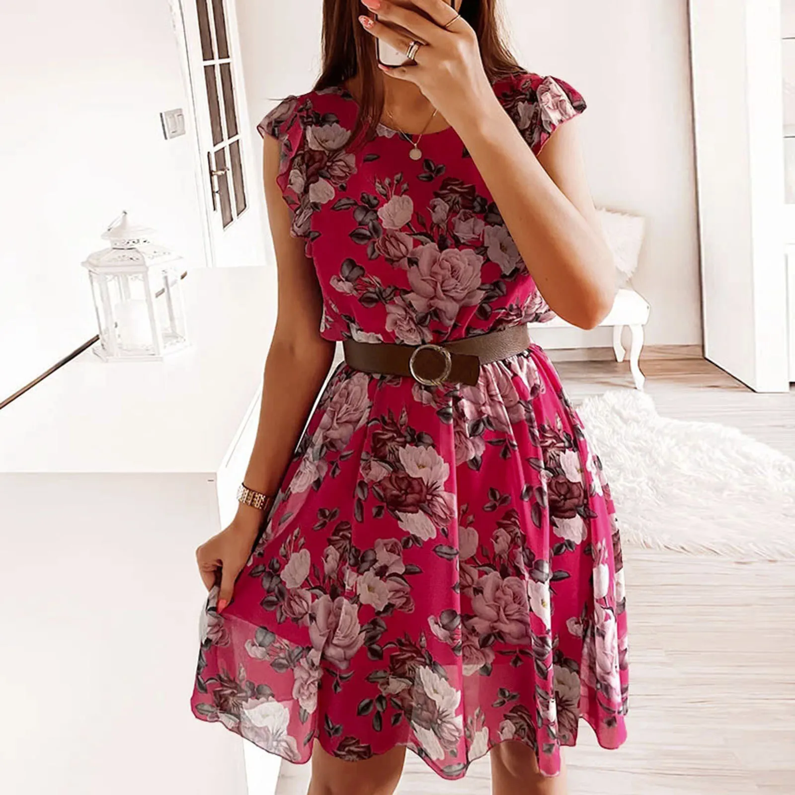 

Womens Short Sleeve O Neck Summer Boho Elastic Waist A Line Floral Mini Dress