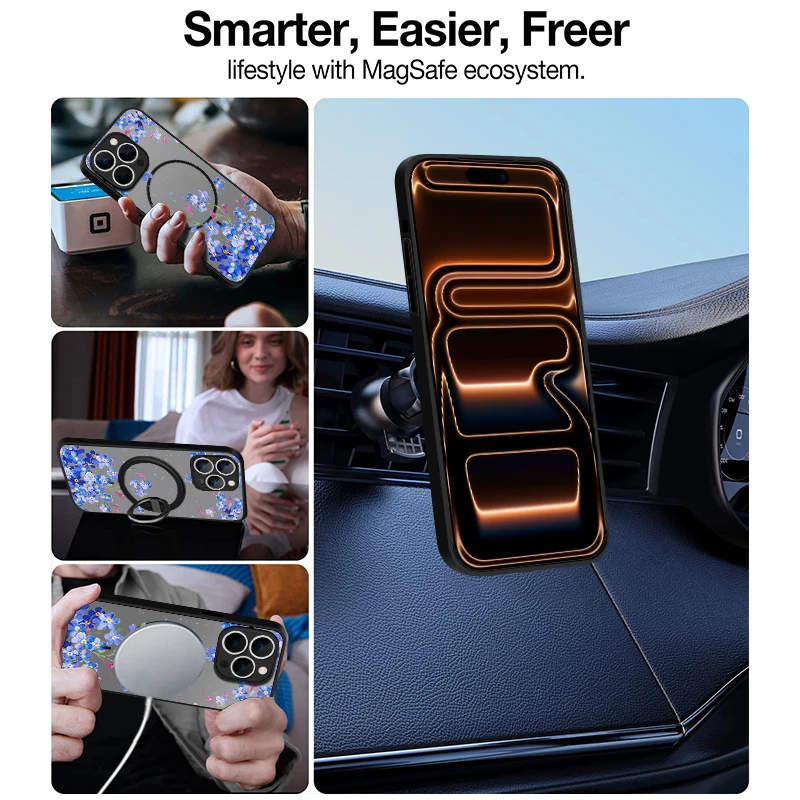 Фото Синий магнитный чехол с цветочным узором для iPhone 17, 17e, 16e, 16, 15 Pro, 14, 13 Pro Max, совместимый с MagSafe, полупрозрачный матовый жесткий чехол из поликарбоната №4