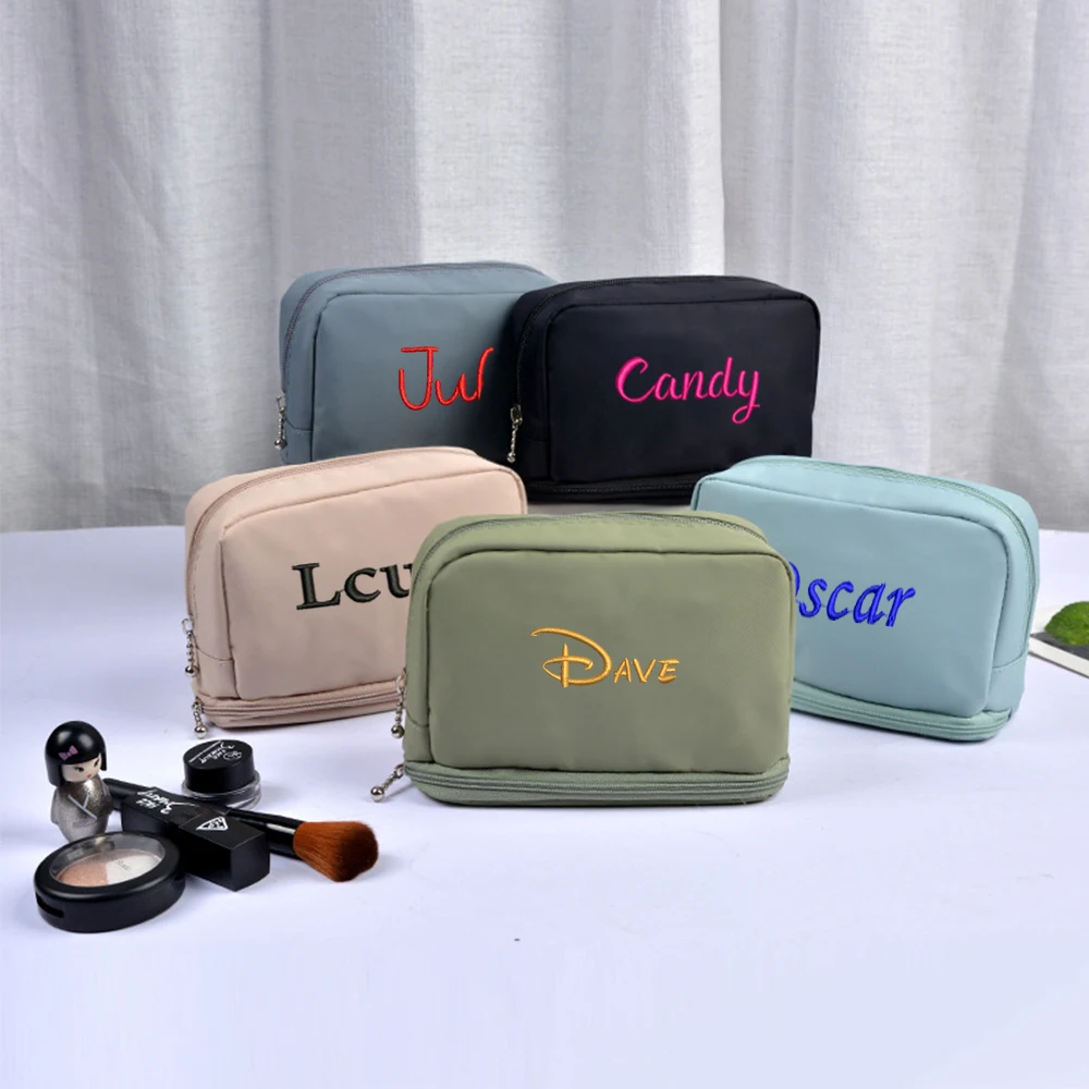 

Новая портативная дорожная косметичка с вышивкой и именем, двухслойная косметичка, персонализированная женская косметичка, сумка для хран...