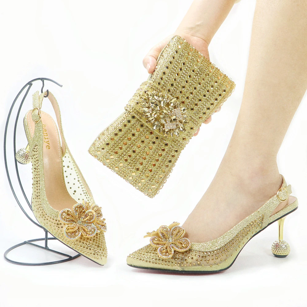

Spot Goods Newest Platform Design Mature Style Youthful and Beautiful Golden Color Ladies Shoes and Bag Set for Party Wedding