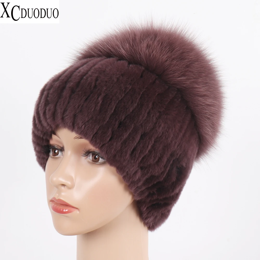 

Natural Knitted Fox Fur Hats For Women Winter Warm Real Rex Rabbit Fur Caps Russia Lady Outdoor Quality Real Rex Rabbit Fur Hat