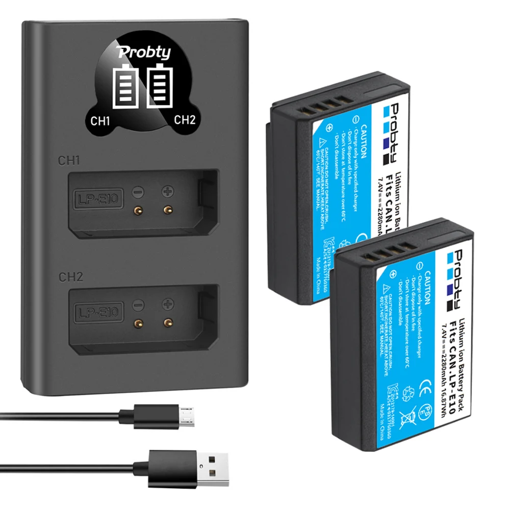 Аккумулятор и зарядное светодиодный USB для камеры Canon 1100D 1200D 1300D 2000D Kiss X50 X70 Rebel T3 T5, 2 шт.