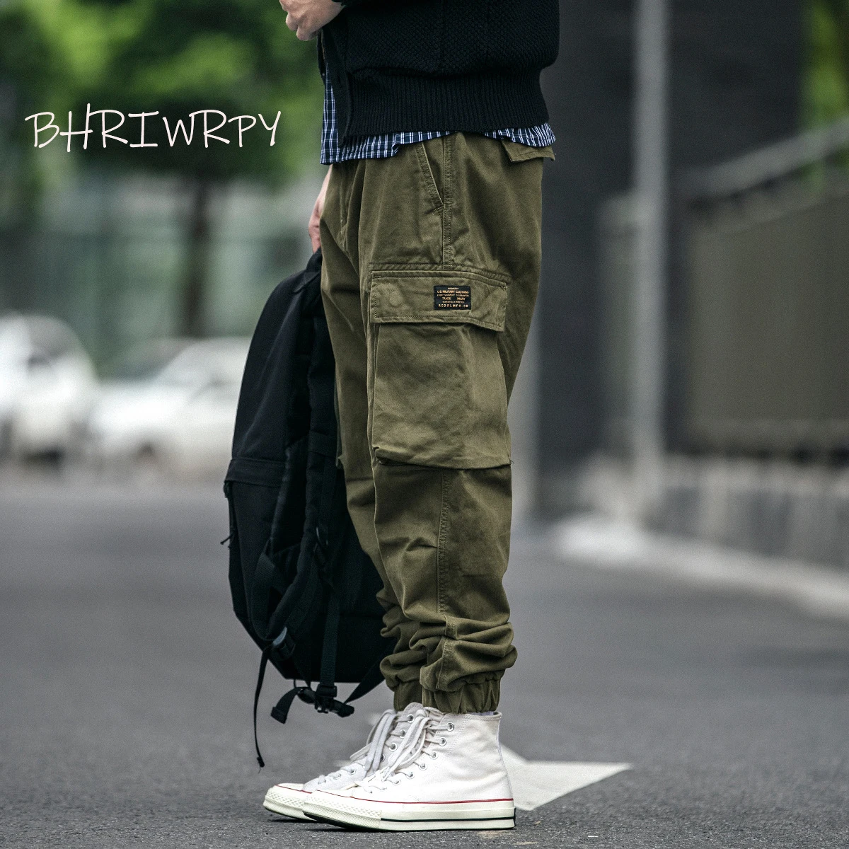 

BHRIWRPY 2023 Spring Men's Feet Tie Pure Cotton Long Work Dress Retro Casual Pants Multi Pocket Loose Men's Pants