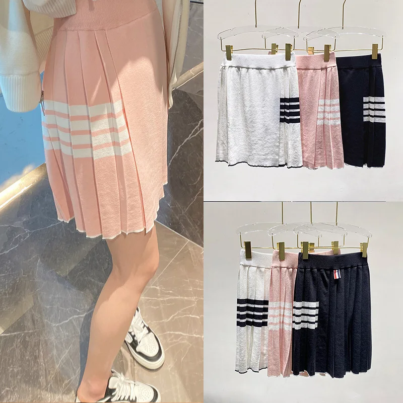 

TB Pleated Skirt Preppy Style High Waist Shows Thin Knitted Ice Silk Four-bar Stripe A-line Skirt Drape Age-reducing Summer