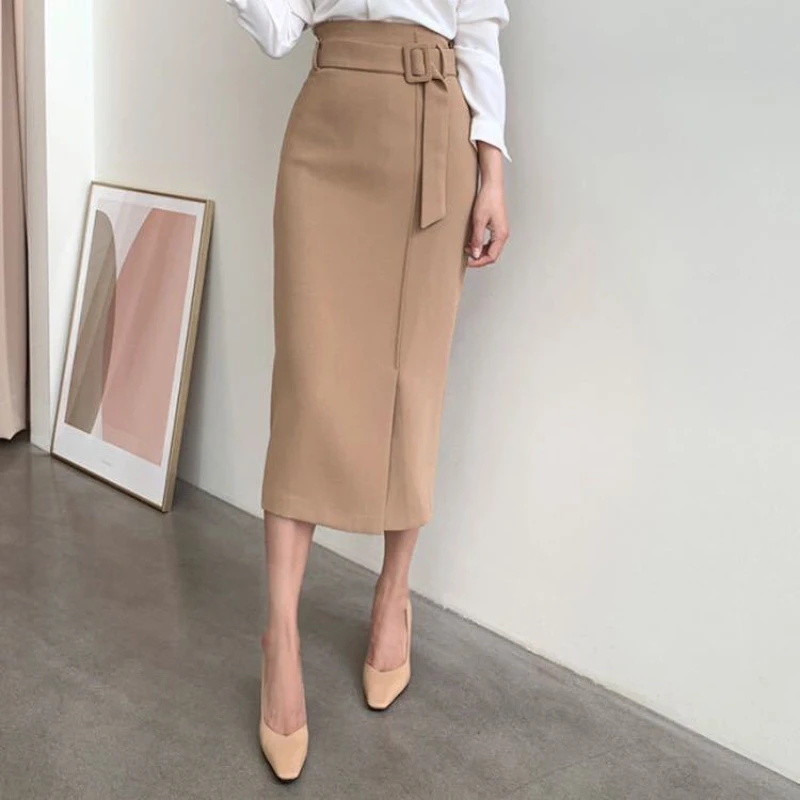 

Woman Pleated Midi Length Skirts Female Elastic High Waist Elegant Fashion Split Slim Skirt Ladies Summer Large Size Skirts G107