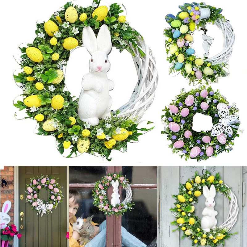 

Easter Bunny Wreath Hanging Acrylic Flat Wreath Bunny Eggs Family Decorative Props Holiday Home Door and Window Decoration