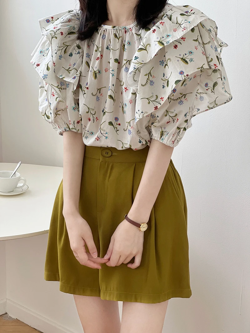 

Summer Pullover Shirt Loose Cute Elegant Sweet Print Florals Ruffles O-neck Casual Shirts Women Short Puff Sleeve Blouses Tops