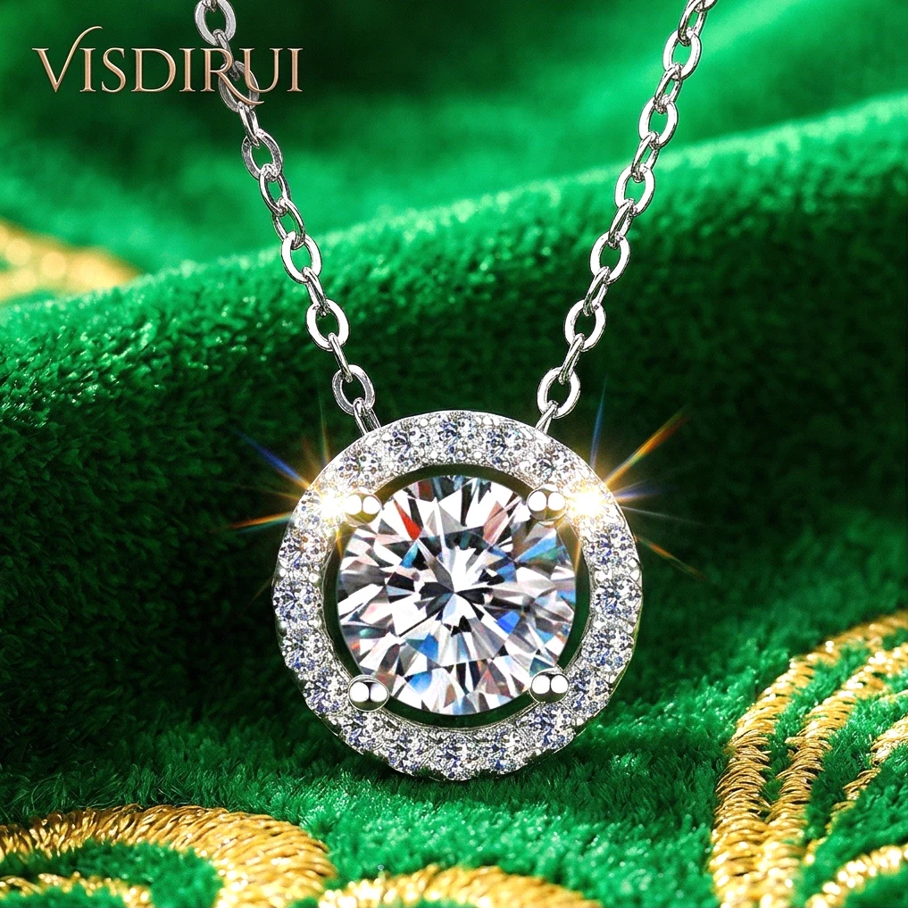 Фото Кулон-солитер VISDIRUI с муассанитом, серебро S925, цвет D, VVS1, 0.5ct, 1ct, круглая огранка, цепочка O, изысканные ювелирные изделия, подарок на день рождения №1