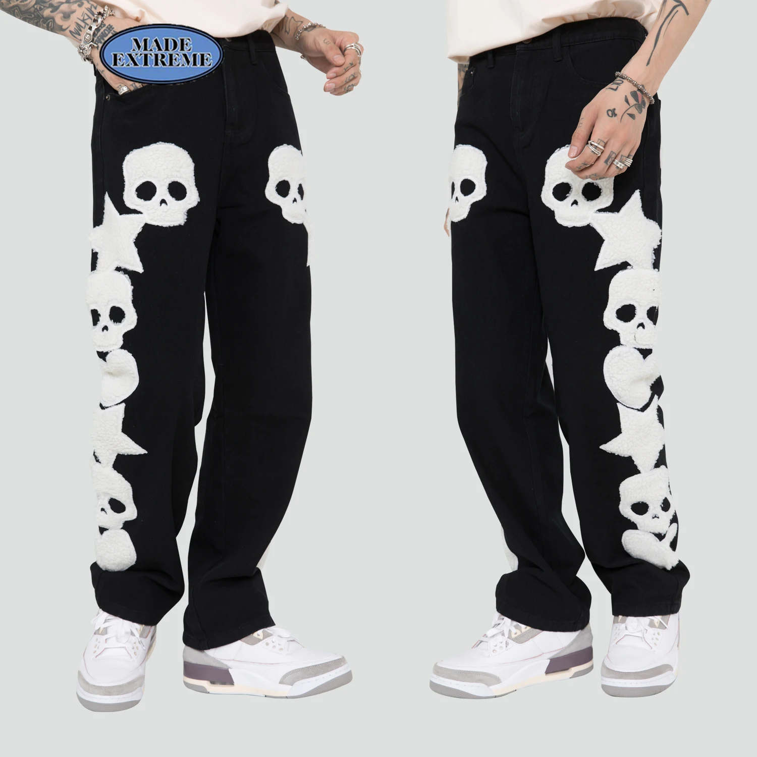 BLACKAIR skulls pattern baggy jeans skeleton embroidery  jeans for men hip hop jeans high street cargo jeans black jeans DY815