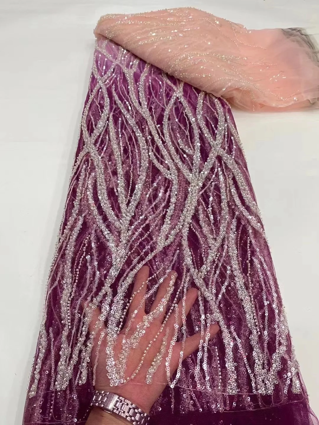 

Purple Luxury Handmade Beads 3D Embroidery French Tulle Lace Fabric Nigerian Heavy Beads Lace Fabric For Wedding Party