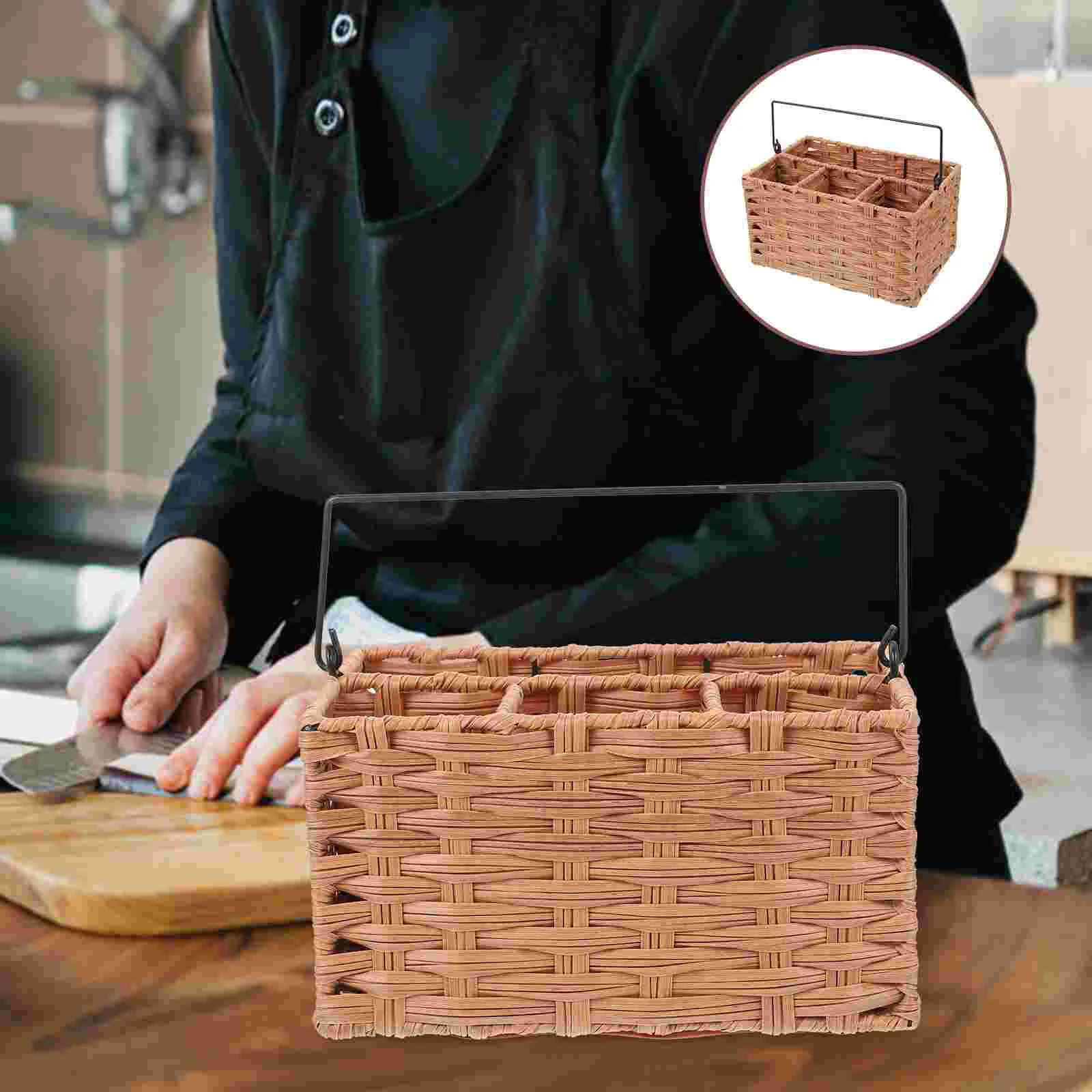 

Holder Basket Organizer Utensil Storage Silverware Flatware Woven Cutlery Rattan Kitchen Countertop Bin Makeup Seasoning Cooking