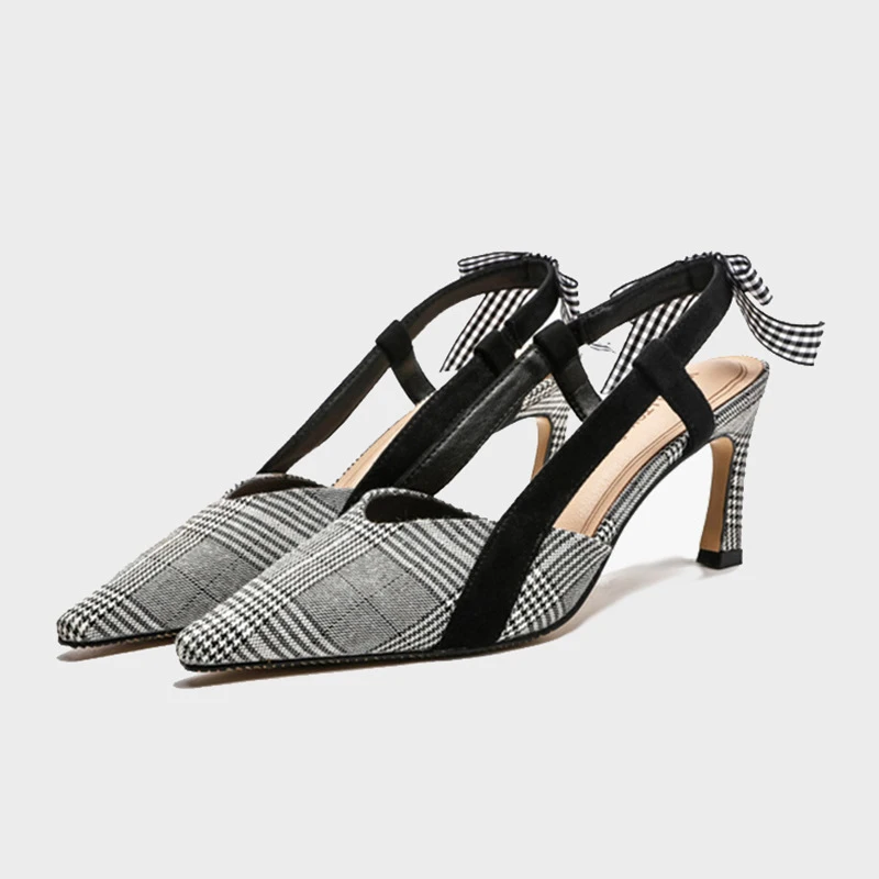 

Woman Shoes 2022 Summer New Small Pointed Plaid Fashion High-heeled Sandals Bow Women's Sandals All-match Almond Shoes