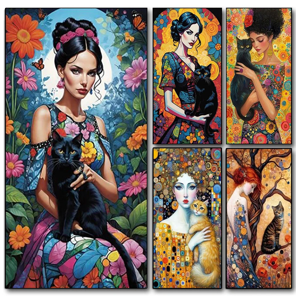 Большая 5D алмазная картина Klimt с изображением золотой женщины и кошки полная