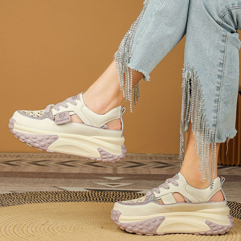 5CM Genuine Leather Comfy Hollow Sandals Breathable Rhinestones Deco Shoe Chunky Sneakers Spring Platform Wedge Women Shoes