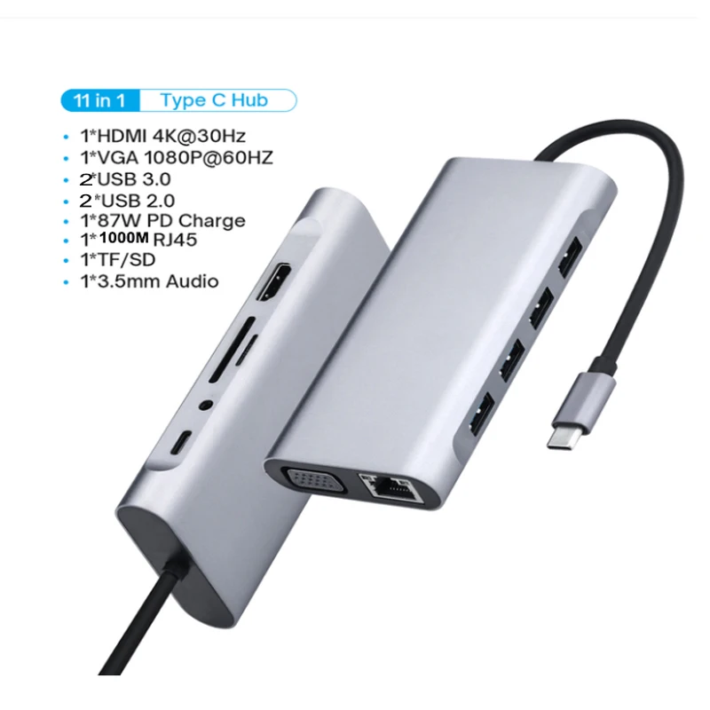 

Док-станция с разными портами USB Type-c, 3,5 мм, 11 в 1