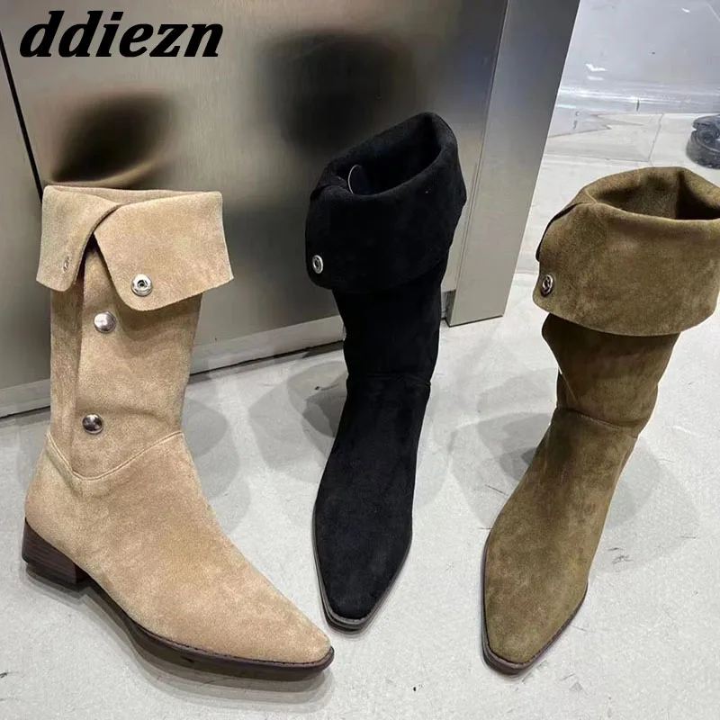 

2023 New Autumn Spring Women Western Boots Fashion Pleated Mid-Calf Ladies Modern Boots Pointed Toe Female Low Heel Shoes
