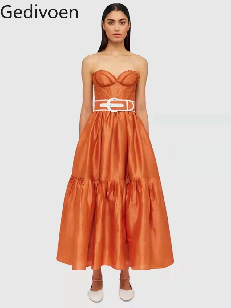 

Gedivoen High Quality Summer Women Fashion Runway Party Long Dress Sexy Spaghetti Strap Solid Beach Holiday Ruffle Hem Dresses
