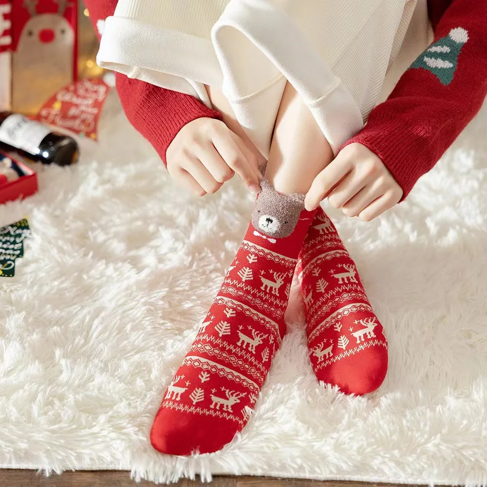 

Рождественские носки, осень и зима, новые красные носки, женские носки в полоску с рисунком из мультфильма, трехмерная модель, домашний пода...