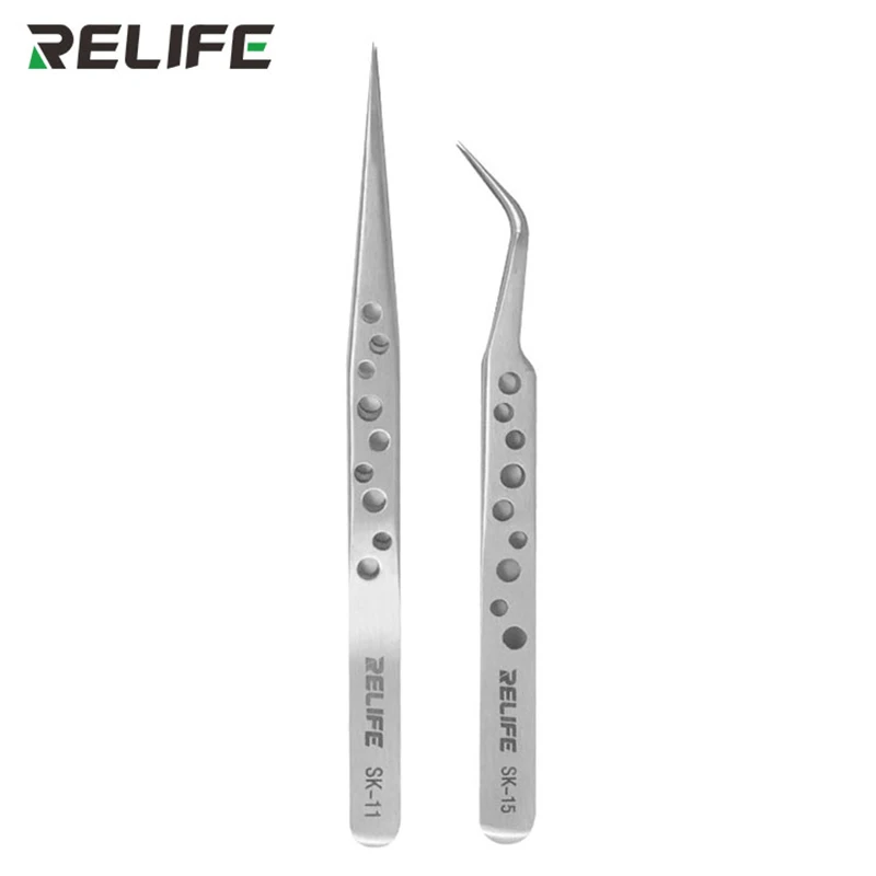 

RELIFE SK-11/15 Industrial Tweezers Electronics Anti-static Curved Straight Tip Precision Stainless Forceps Phone Repair Tool