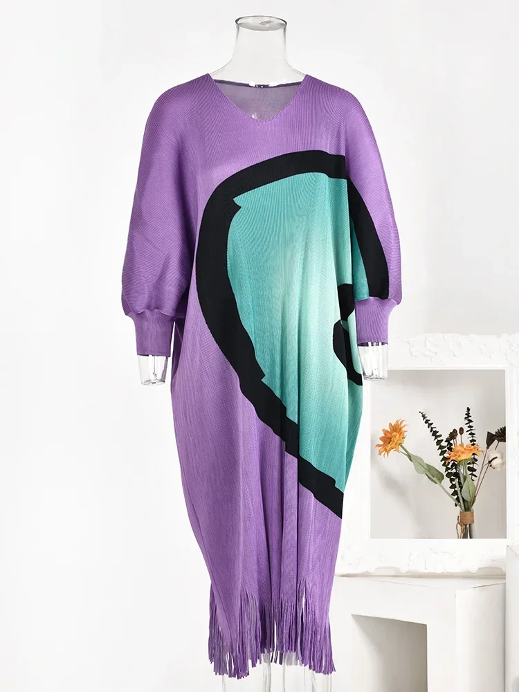 

Miyake Original Tassel Pleated Dress Women Contrast Color Print Fashion Loose Female Dresses Casual 2023 Autumn New Clothing