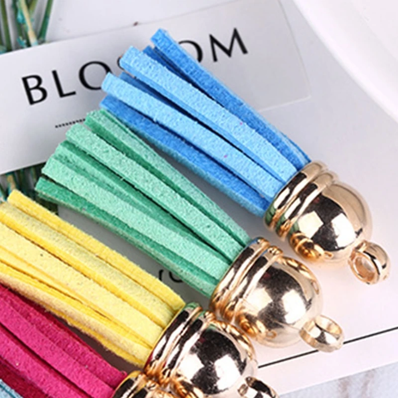 

20 Pcs Multi Colors Faux Suede Leather Tassel Keychain Pendants 4cm Suede Tassels Charms Decorations with Gold CCB