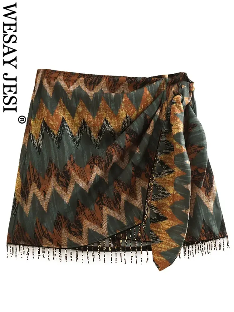 

WESAY JESI Retro Trend Vacation Tribal Print Ladies Bottom Skirt Fashion Waist Asymmetric Pleated Hem Fringe Women's Short Skirt