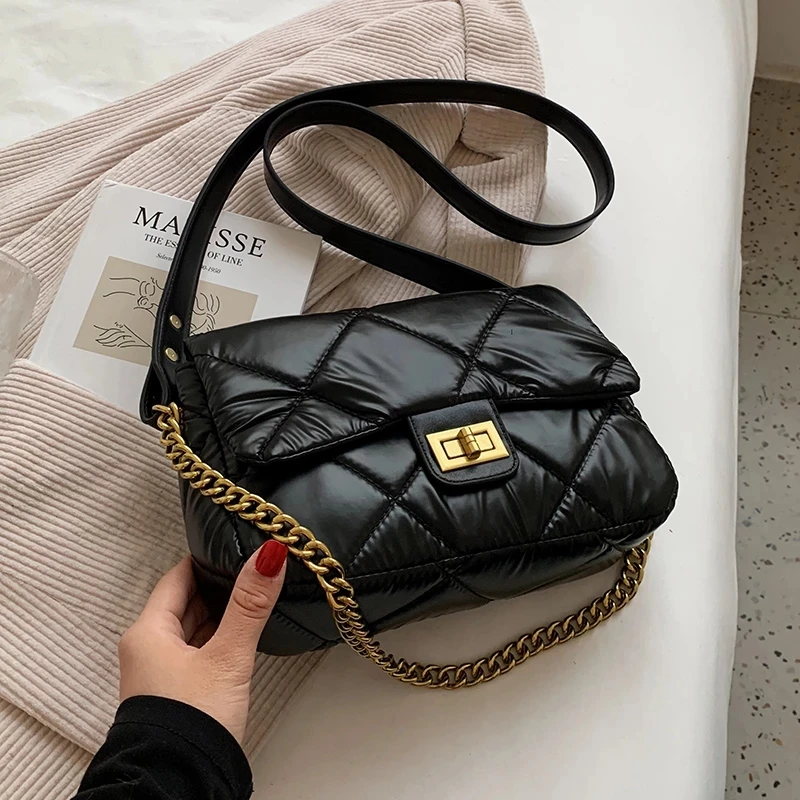 

Trendy Quilted Small Nylon Shoulder Crossbody Bags for Women Handbag 2022 Hit Women's Winter Branded Chain Clutch Purses
