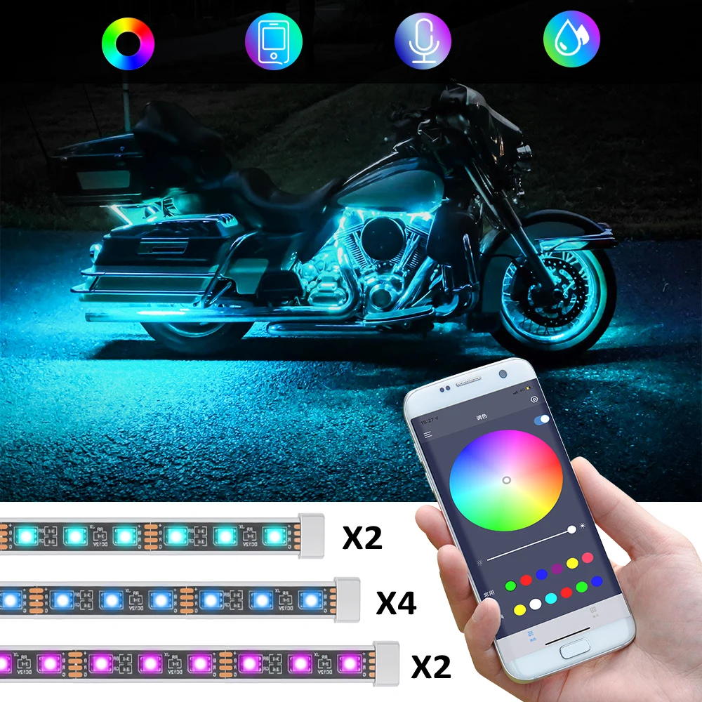 

Универсальная светодиодная Автомобильная мотоциклетная декоративная лампа, Гибкая полоса освещения 5050 SMD APP, управление звуком, RGB, мотоциклетная атмосфера