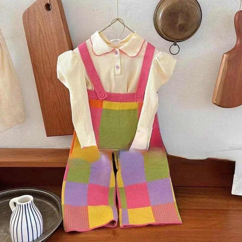 

Детская одежда, Корейская одежда, Весенняя рубашка с рукавами-фонариками и лацканами для девочек, модный вязаный комплект контрастных цвет...