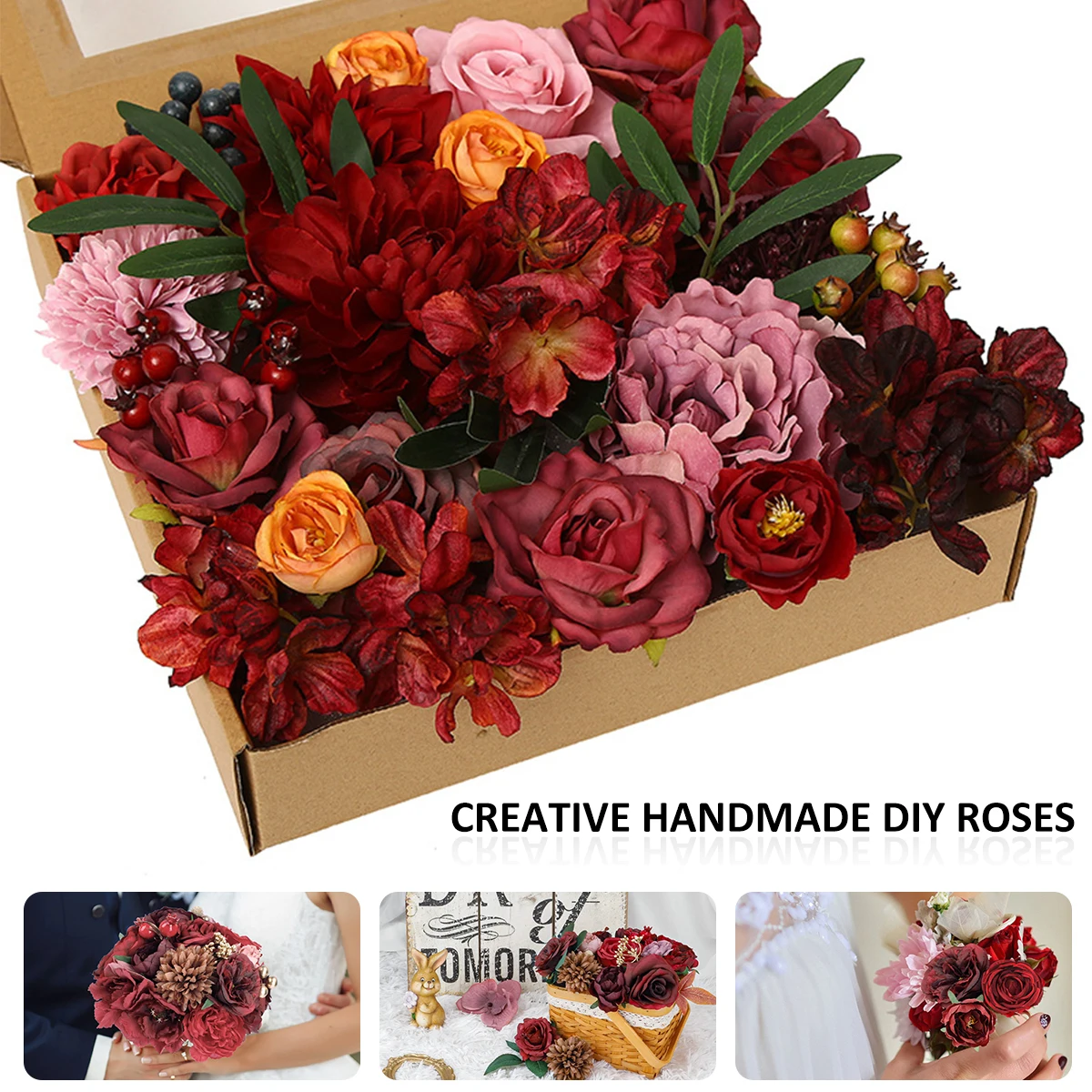 

24 шт. Искусственные цветы бордового цвета, набор искусственных цветов, реалистичные комбинированные искусственные розы, красные розы, иску...