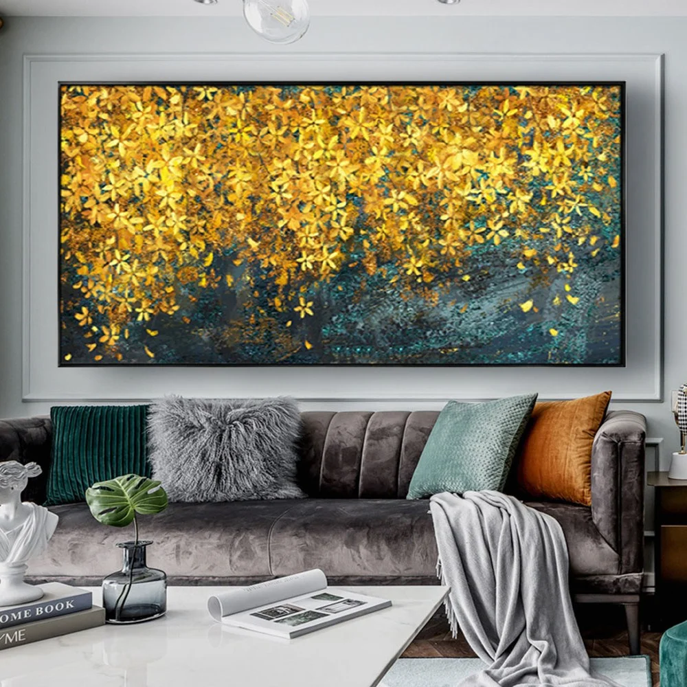 

Big Best Modern Yellow Abstract Vine-Like Plant Art Hand Painted Gold Yellow Canvas Painting Wall Pictures For Living Room Decor