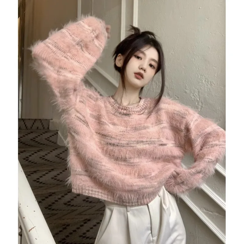 Pink Mink Fur Soft Glutinous Pullover Sweater Women Autumn and Winter Design Loose Lazy Thick Sweet Knit