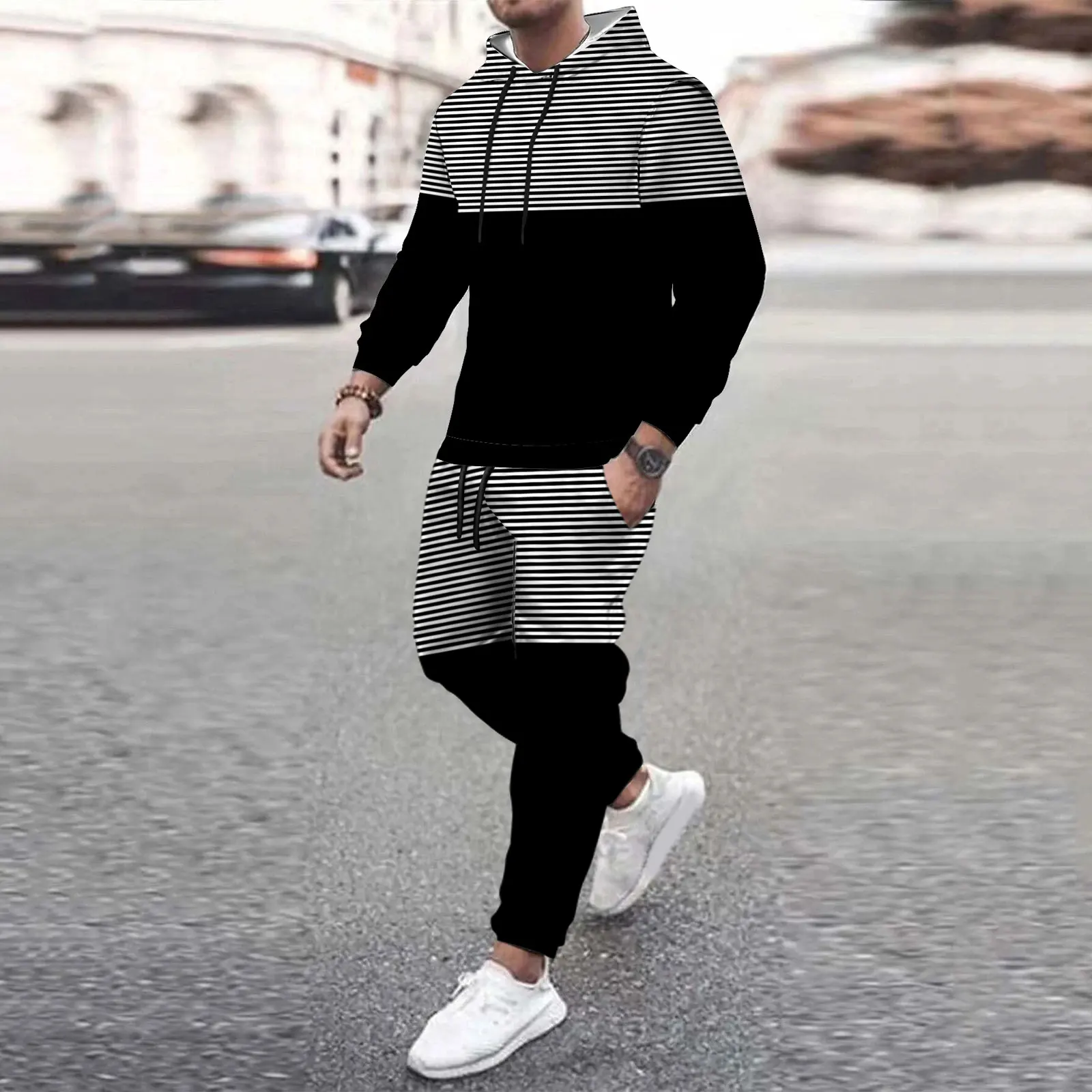 Men Sets Tracksuit Spring And Autumn Hooded Sweatshirt Drawstring Outfit Sportswear Male Pullover Two Piece Set Casual