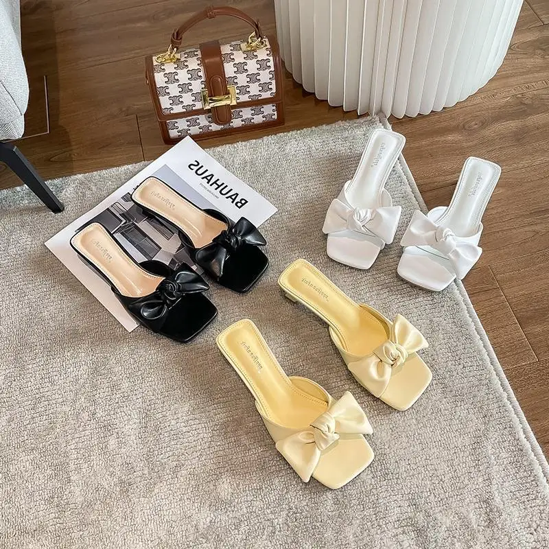 

2022 New French Bows Literally Square Head Small Heels Sandals Luxury Women Summer Outside Wear Slippers Women Brand Slipper