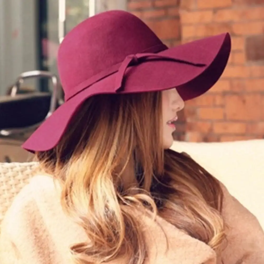 

2022 Women Fedora Cap Elegant Retro Bowknot Wide Brimmed Woolen Beach Caps Sunscreen Charming Ladies Felt Cap кепка женская