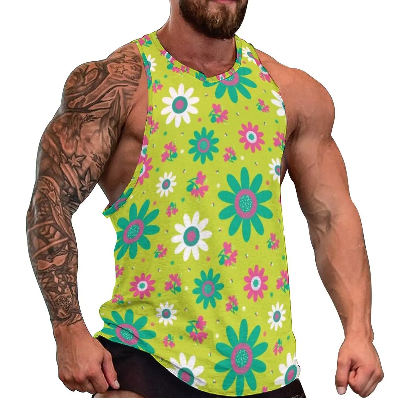 

Retro Peace 60s Tank Top Sunflower Floral Print Streetwear Tops Daily Gym Mens Custom Sleeveless Vests Big Size 4XL 5XL