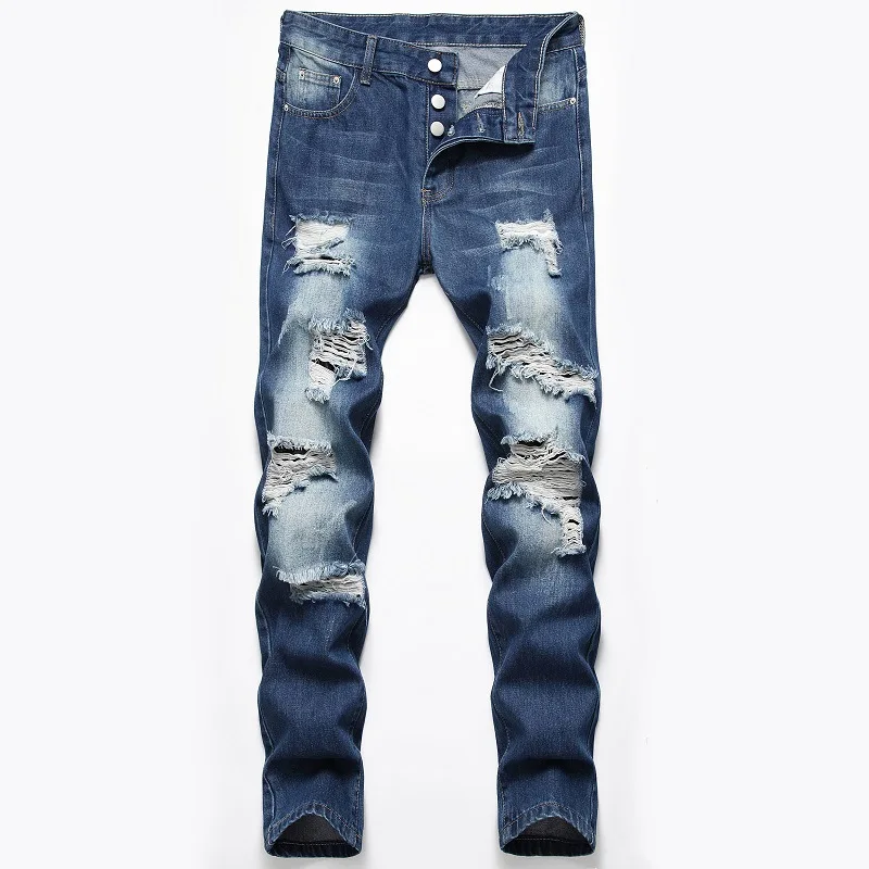 

New Streetwear Men Jeans Blue Color Destroyed Ripped Beggar Jeans Men Denim Pants Elastic Spring Summer Hole Hip Hop Trousers 42
