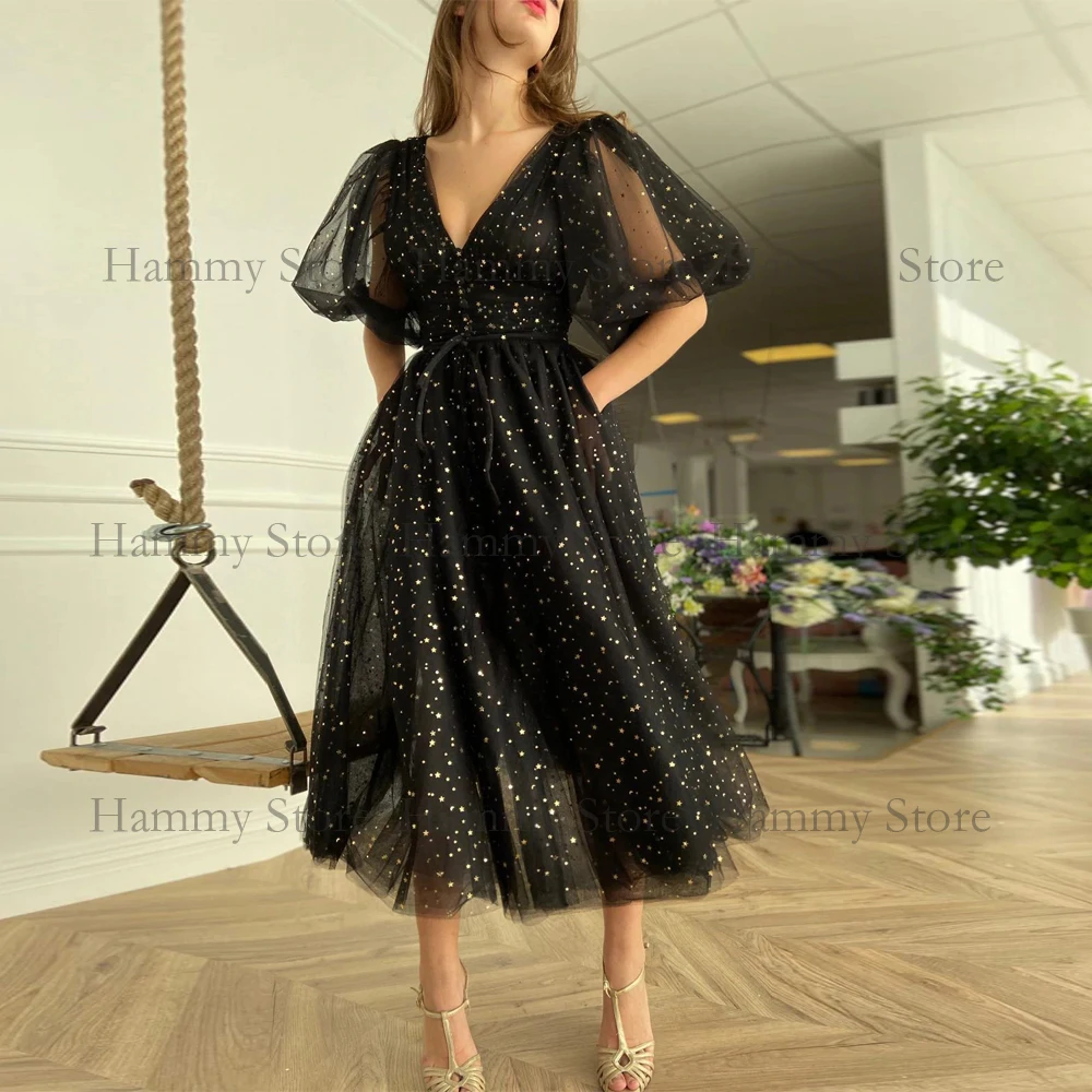 

Sparkling Black Cocktail Dress V Neck Half Sleeves Ruched Pleat Short Evening Party Dresses A Line Homecoming Graduation Gown