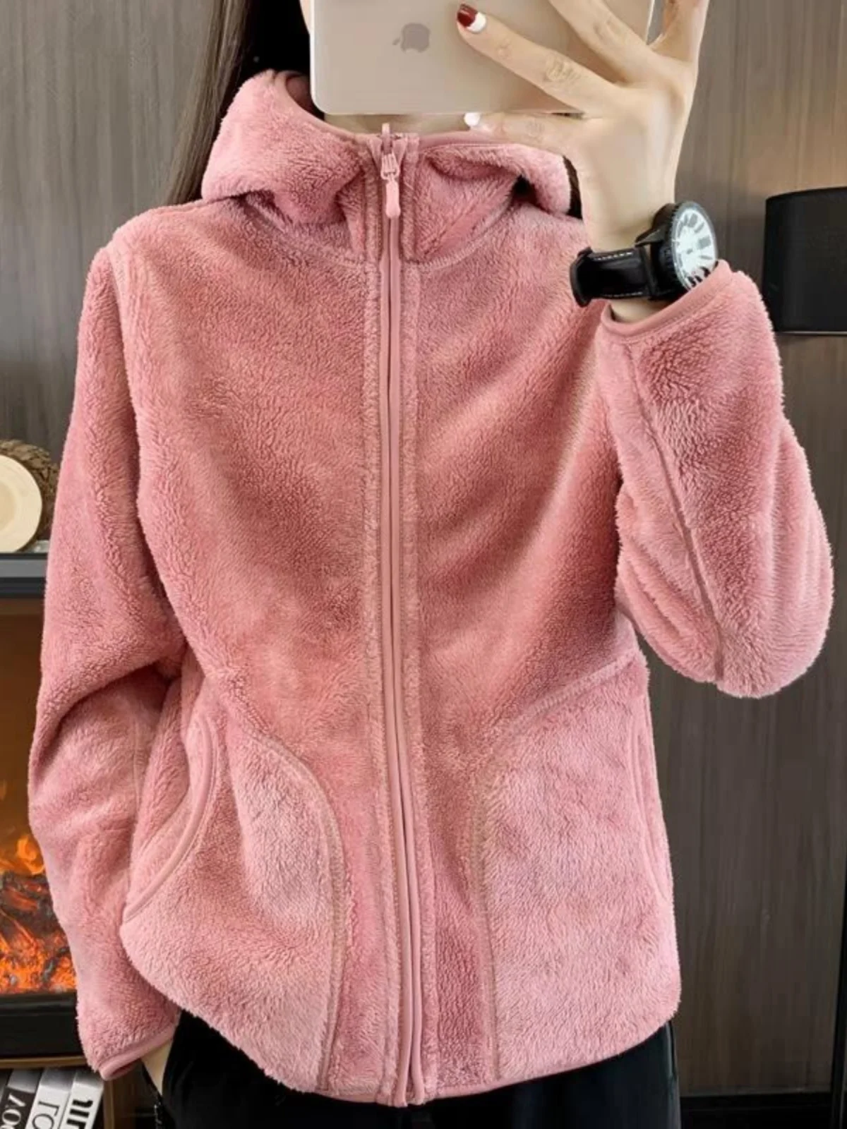 Двусторонняя толстовка на молнии с капюшоном женская короткая осень и зима 2024