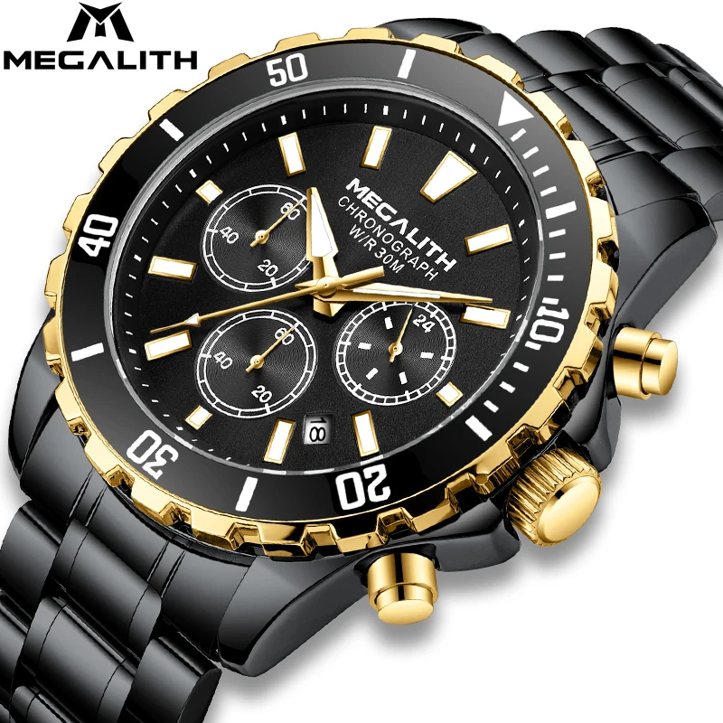 

MEGALITH Fashion Mens Watches Stainless Steel Analog Quartz Watch Men Casual Waterproof Sport Watch Black Relogio Masculino