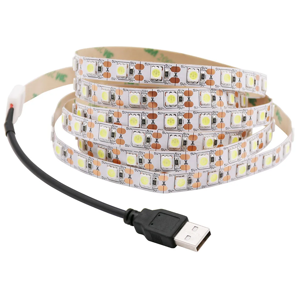 Светодиодная лента 5050 с USB-разъемом, 60 светодиодов на метр, 5 В, холодного белого/теплого белого цвета, 30 см/50 см/1 м/2 м