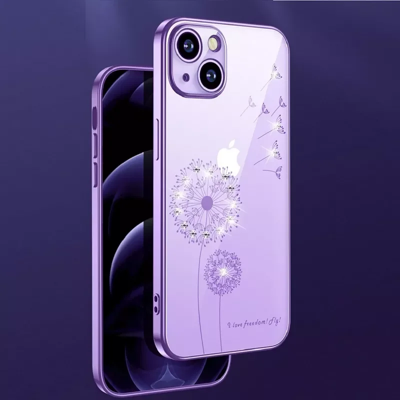 

New Style Rhinestone Dandelion Pattern Phone Case Straight Side Plating Frame Protective Cover For iPhone 11 12 13 Pro Max Mini