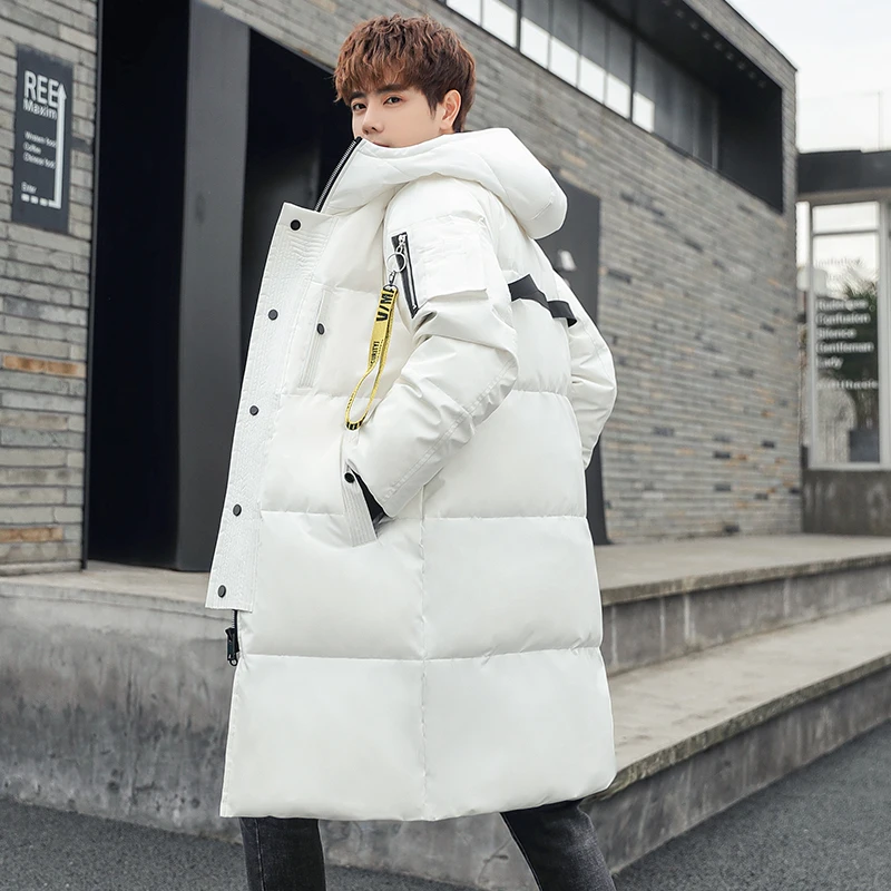 Winter Hooded Long White Eiderdown Jacket Men Black Over Knee Length Fashion Trend Handsome Protective Warm Coat Man