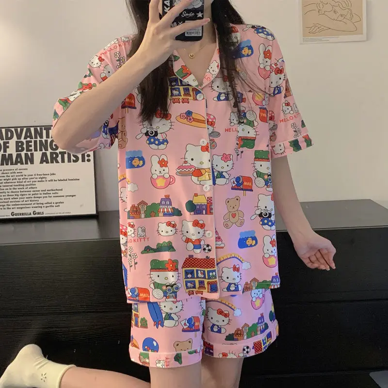 

Милая пижама Hello Kitty, носимая на улице Домашняя одежда, милый мультяшный Пижамный костюм для девочек Sanrio, удобный свободный подарок для девуш...