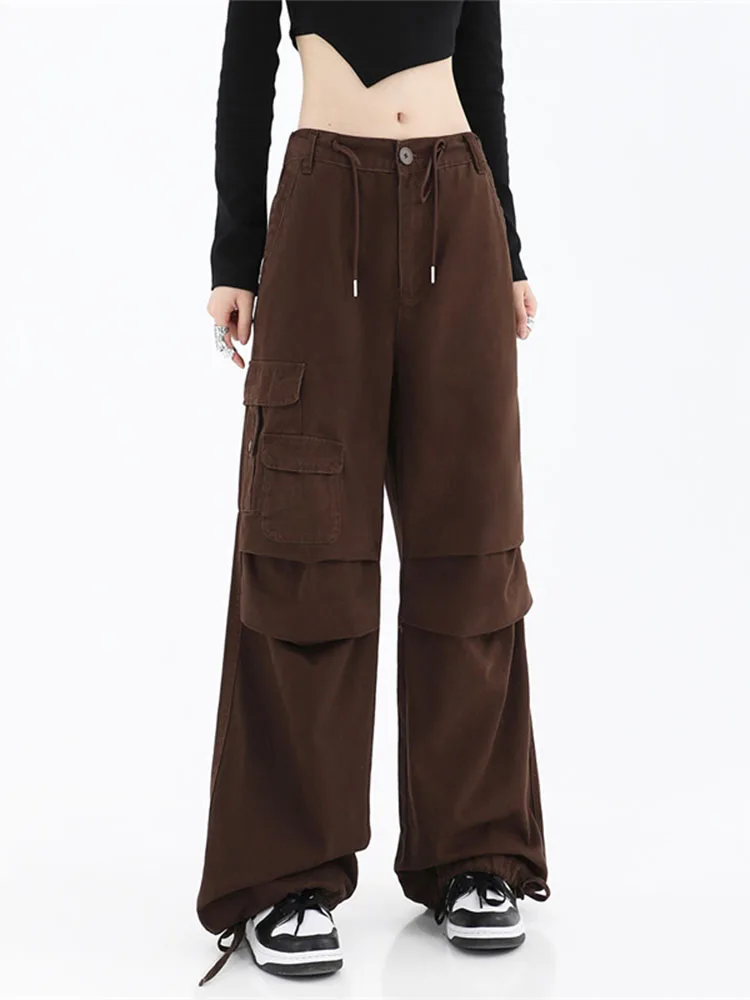 

American Style 2022 Autumn Baggy Brown Cargo Pants Low Rise Drawstring Fashion Pocket Casual Pants Women's Trousers Hip-hop Y2k