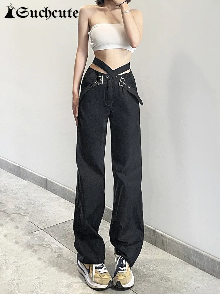 

Женские готические брюки с вырезами, однотонные Черные Мешковатые брюки, Повседневная Уличная одежда в стиле 90-х
