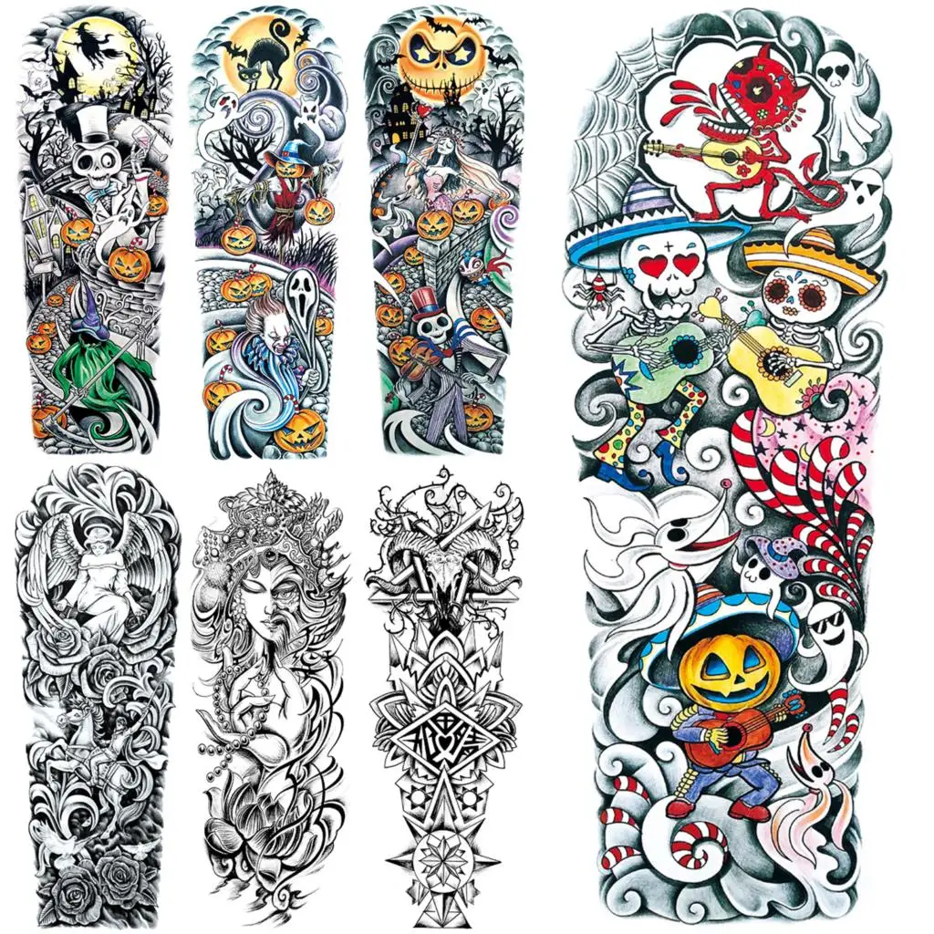 

Временные татуировки с длинным рукавом для женщин и взрослых, реалистичные татуировки на Хэллоуин, Череп, лотос, овечка, наклейки, татуировк...