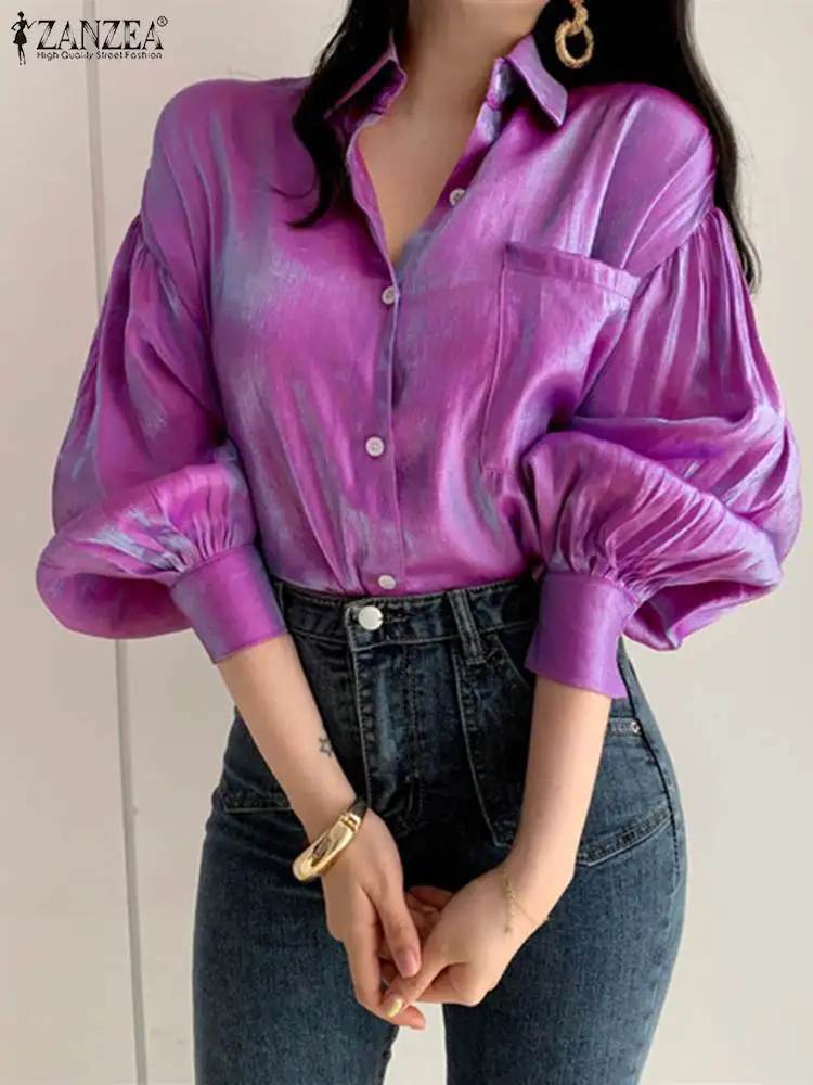 

2022 Autumn ZANZEA OL Elegant Women Blouses Shirts Casual Solid Puff Sleeve Female Lapel Collar Loose Tops Tunic Blusa Chemise