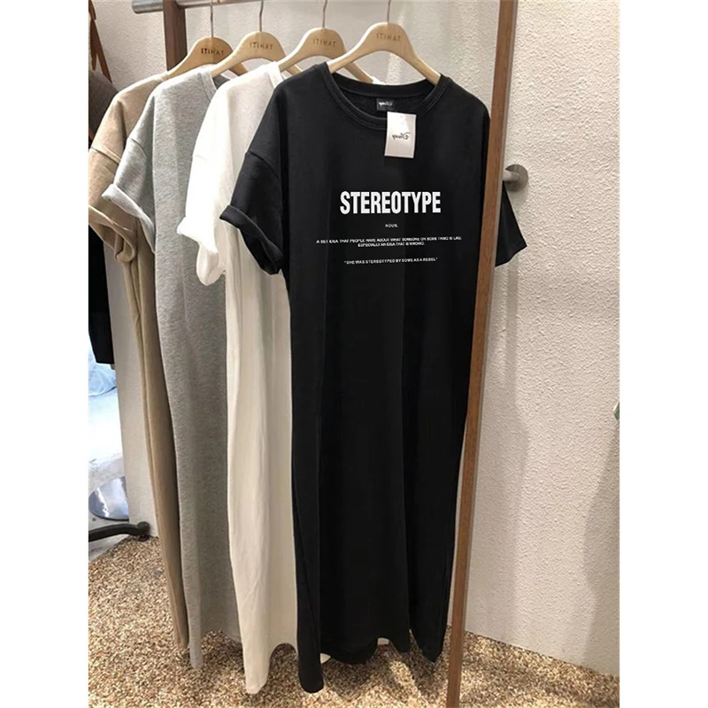 Платье больших размеров женское лето 2024 новая свободная длинная футболка с