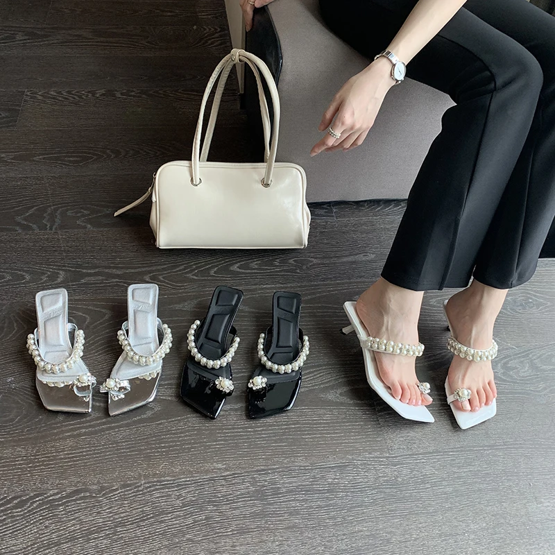

Elegant Women Slippers Black Silver Gold Summer Outside Casual Slides Mules Shoes Pearl Chain Clip Toe Dress Shoes Woman Size 39